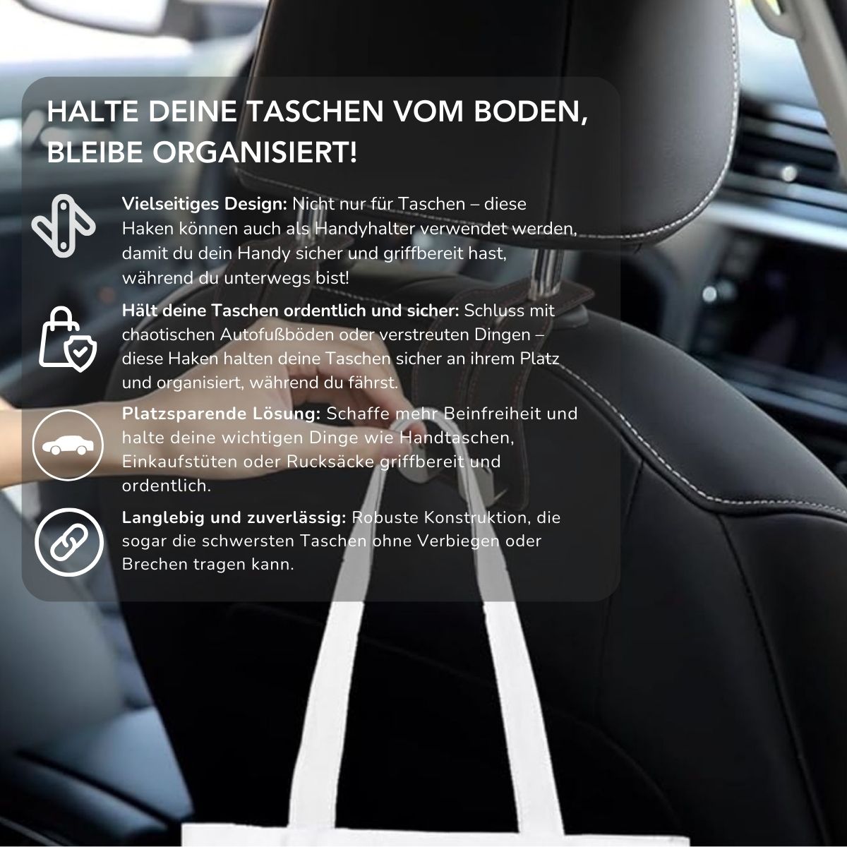 Serenosole™ HookEase Auto-Haken zum Taschenhängen | Halte deine Taschen organisiert und vom Boden fern (1+1 GRATIS)