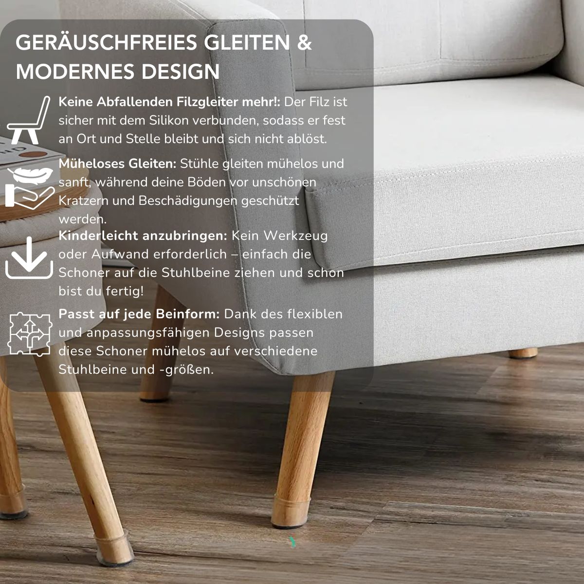 Serenosole™ SoftGlide Silikon-Stuhlbeinschoner | Geräuschlose Bewegung und Schutz der Böden vor Kratzern | Beste Lösung gegen Kratzer 2024 (Packung mit 12 Stück | 1+1 GRATIS)