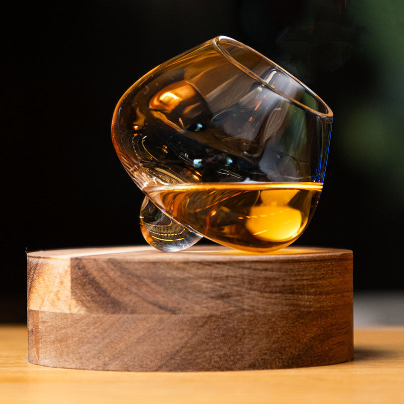 crystal aequilibrium distillate glass by audacem on wooden handcrafted coaster for whiskey,  liquors and spirits