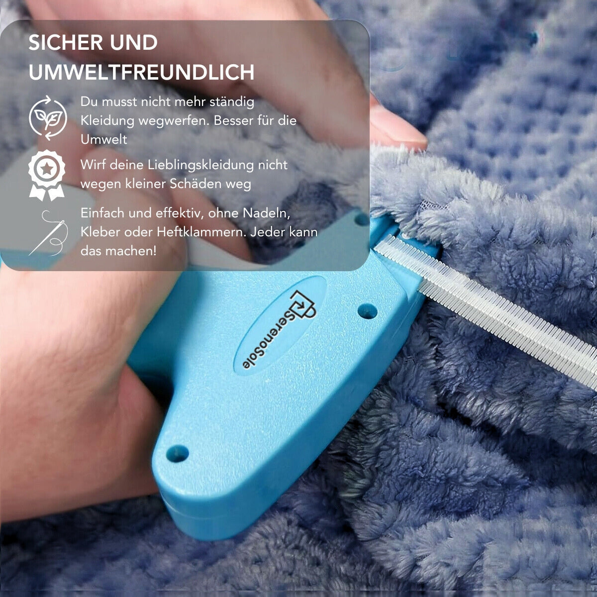 Serenosole EasyStitch™ | Schnelles Kleidungsfixiergerät | Mit gratis Komplettset (500 Verschlüsse +2 Nadeln)